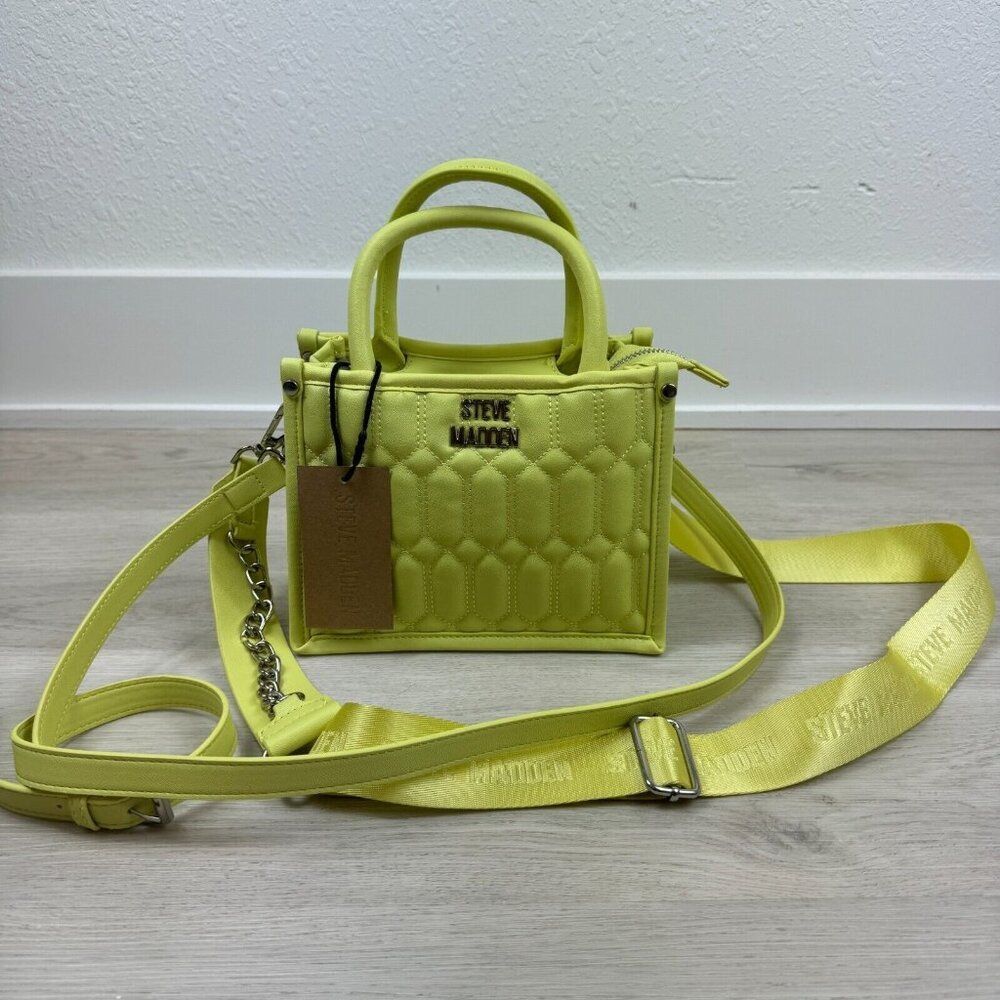 Steve Madden Bniko Quilted‎ Crossbody Purse Bag Lemon Green Guitar Strap